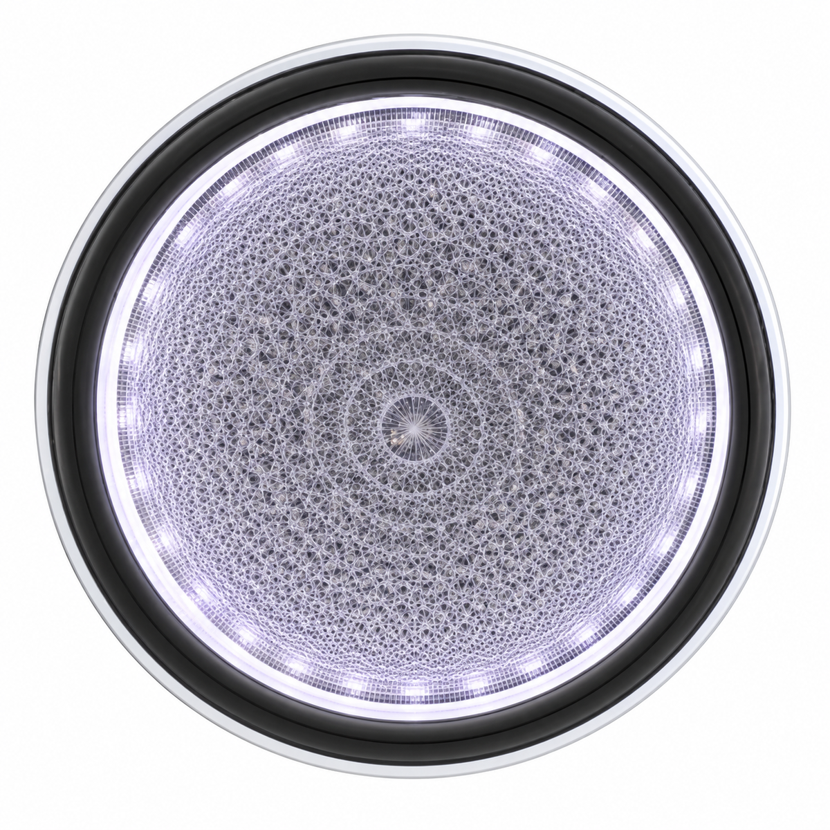 A decorative round ceiling light featuring a detailed circular pattern and a silver-toned outer border