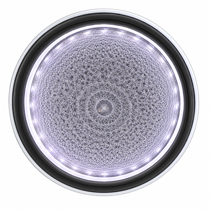 A decorative round ceiling light featuring a detailed circular pattern and a silver-toned outer border