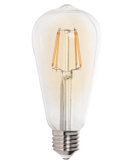 Clear-glass ST64 filament LED bulb shown on a white background.