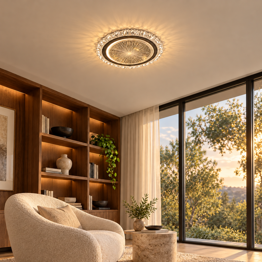 A decorative round ceiling light featuring a gold-toned patterned border and a circular centre design.