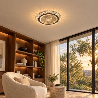 A decorative round ceiling light featuring a gold-toned patterned border and a circular centre design.