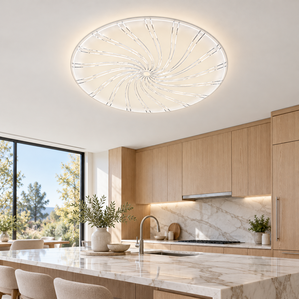 A circular LED ceiling light featuring a decorative radial pattern across its surface. 