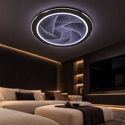 A modern circular ceiling light featuring a silver-toned outer ring and a geometric patterned centre.