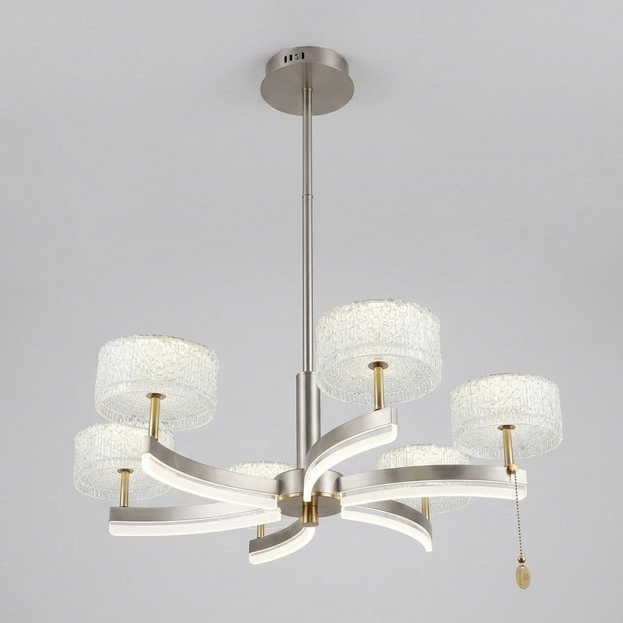 Gold-finished LED pendant chandelier with sculptural curved arms and textured crystal drum shades, shown on a white background.