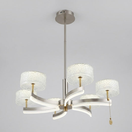 Gold-finished LED pendant chandelier with sculptural curved arms and textured crystal drum shades, shown on a white background.