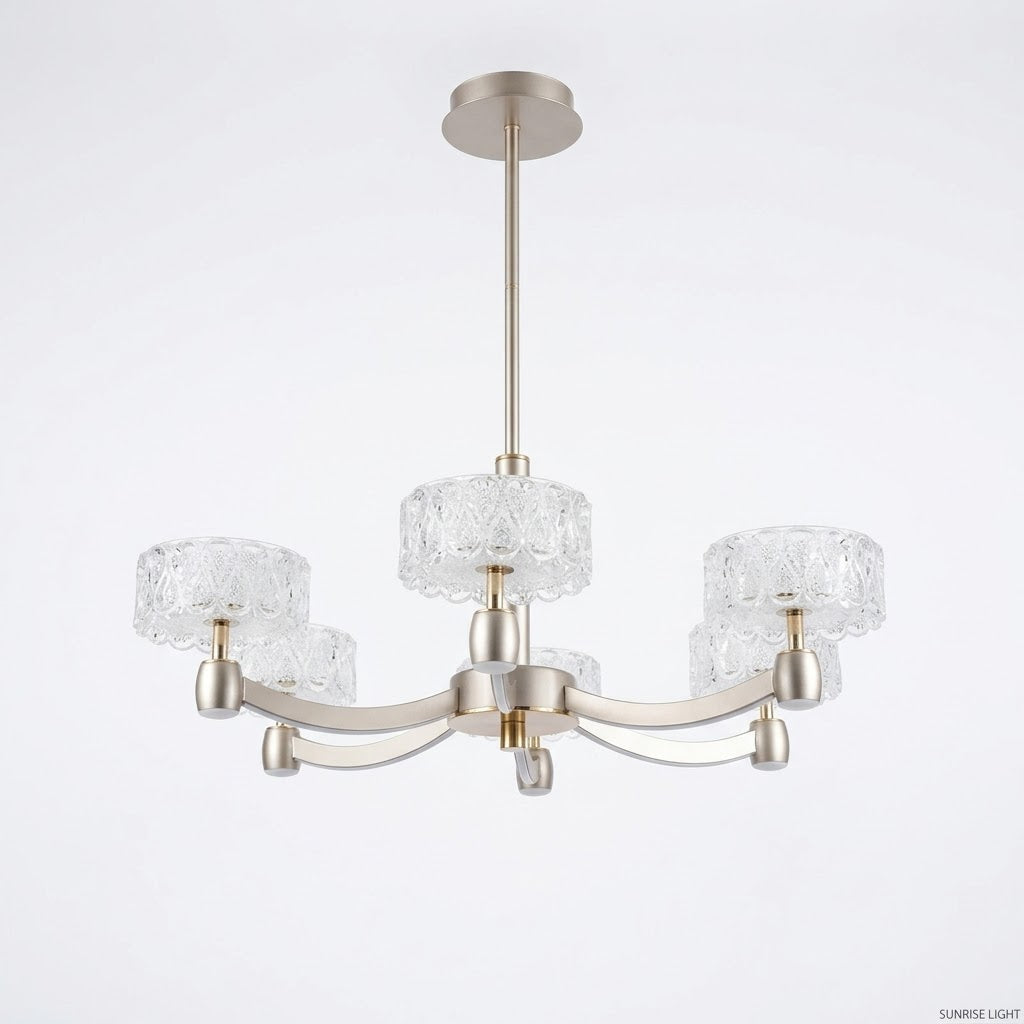 5-arm LED pendant chandelier in grey with crystal drum shades, shown on a white background.