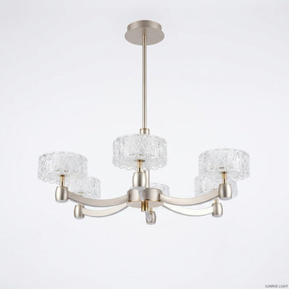 5-arm LED pendant chandelier in grey with crystal drum shades, shown on a white background.
