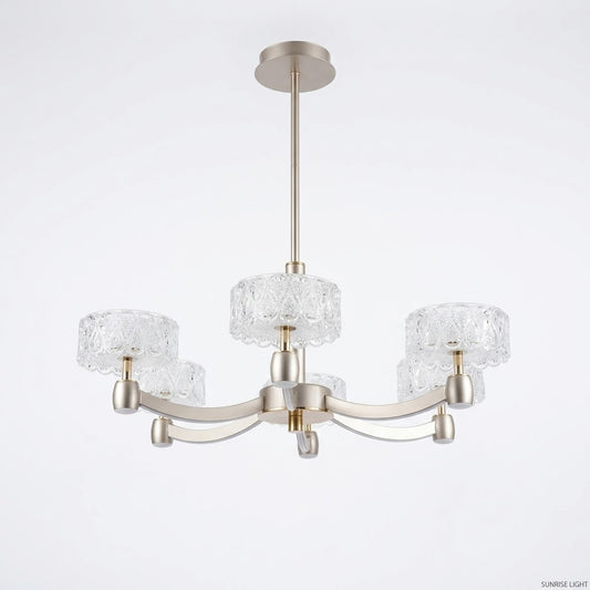 5-arm LED pendant chandelier in grey with crystal drum shades, shown on a white background.