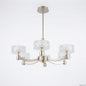 5-arm LED pendant chandelier in grey with crystal drum shades, shown on a white background.