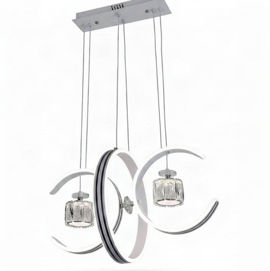 Dual crescent moon LED pendant light with two white arcs and chrome crystal shades, shown on a white background.