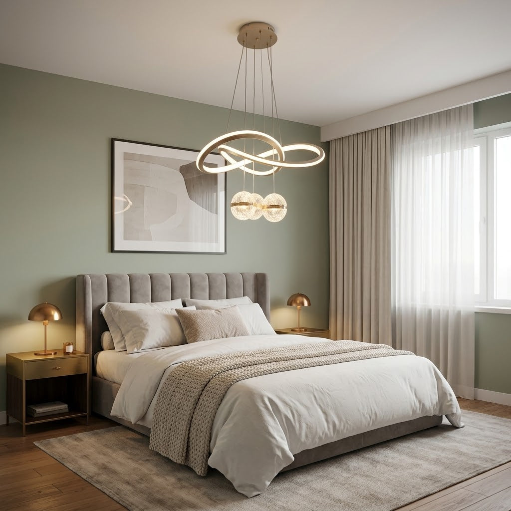 Champagne LED loop pendant light with crystal globes installed above a bed.