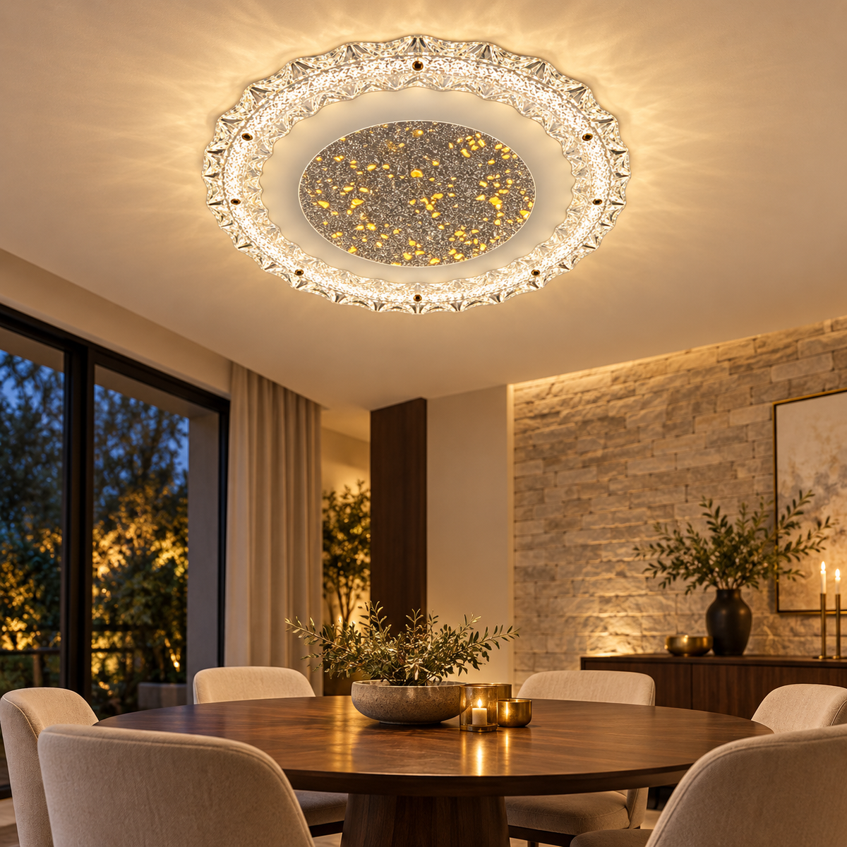 A decorative circular ceiling light featuring a textured outer border and a gold-toned patterned centre.