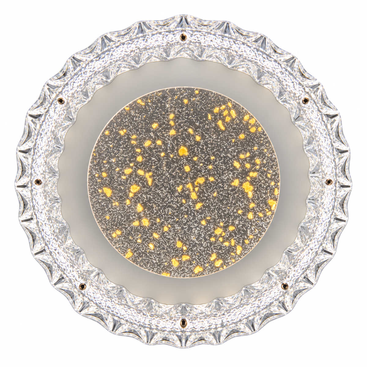 A decorative circular ceiling light featuring a textured outer border and a gold-toned patterned centre