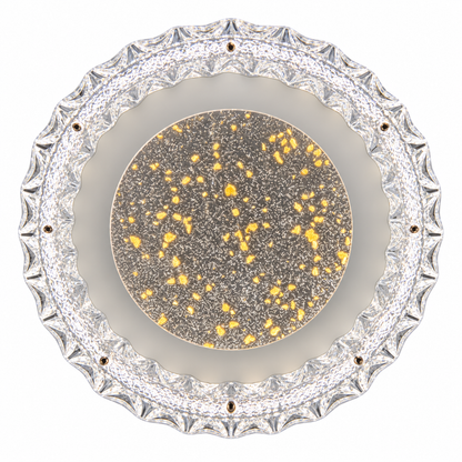 A decorative circular ceiling light featuring a textured outer border and a gold-toned patterned centre