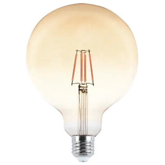 A large round vintage-style LED filament light bulb with a warm amber-tinted glass envelope and a silver screw base, shown against a plain white background.