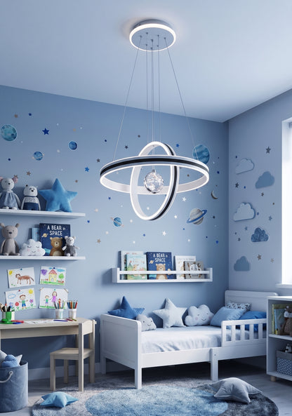 LED orbit ring pendant light installed in a children's bedroom with a space-themed wall decal.