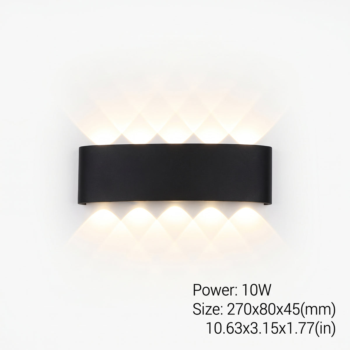 Modern black LED wall sconce installed outdoors, casting upward and downward light on a wall.