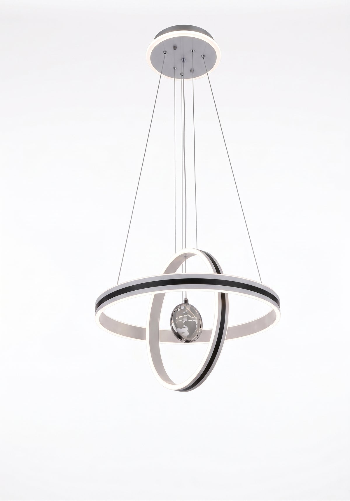 LED orbit ring pendant light with a central crystal-effect sphere and a double-ring frame.