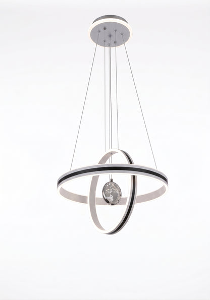 LED orbit ring pendant light with a central crystal-effect sphere and a double-ring frame.