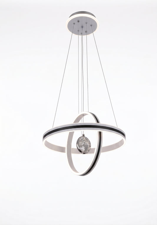 LED orbit ring pendant light with a central crystal-effect sphere and a double-ring frame.
