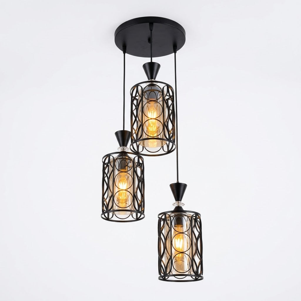 Rustic laser-cut triple pendant light in matte black, shown on a white background.