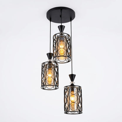 Rustic laser-cut triple pendant light in matte black, shown on a white background.