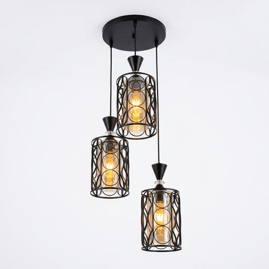 Rustic laser-cut triple pendant light in matte black, shown on a white background.