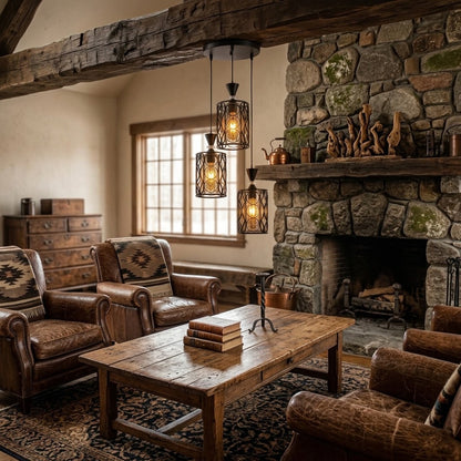 Rustic laser-cut triple pendant light installed above a rustic living room coffee table.