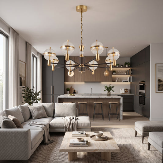 A classic modern pendant chandelier with slim dark bronze arms radiating from a textured central column, each arm ending in a brass fitting topped with a ribbed glass globe shade. A crystal-ball accent and fabric-wrapped suspension complete the look. .