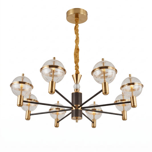 A classic modern pendant chandelier with slim dark bronze arms radiating from a textured central column, each arm ending in a brass fitting topped with a ribbed glass globe shade. A crystal-ball accent and fabric-wrapped suspension complete the look. 