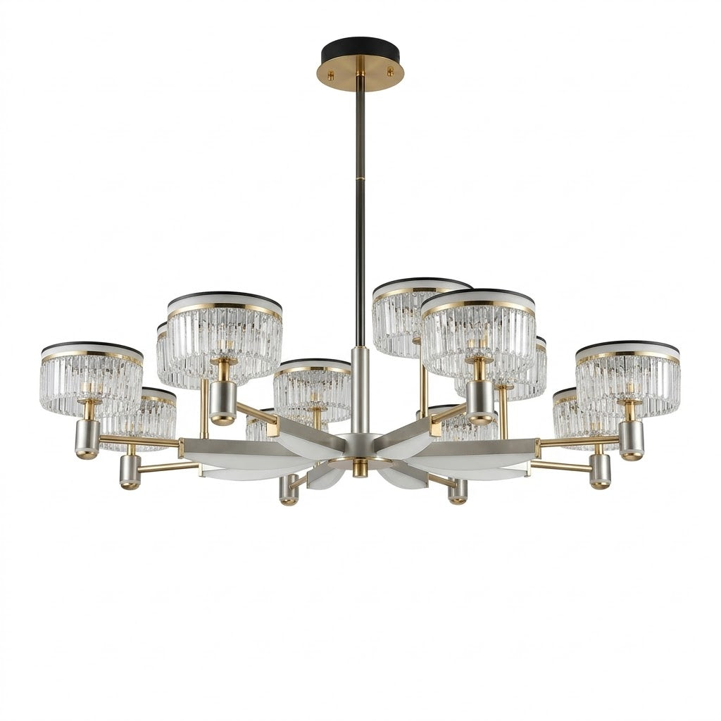 8-arm crystal pendant chandelier in satin nickel and brass, shown on a white background.