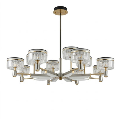 8-arm crystal pendant chandelier in satin nickel and brass, shown on a white background.