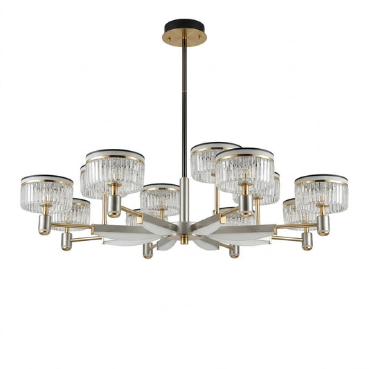 8-arm crystal pendant chandelier in satin nickel and brass, shown on a white background.