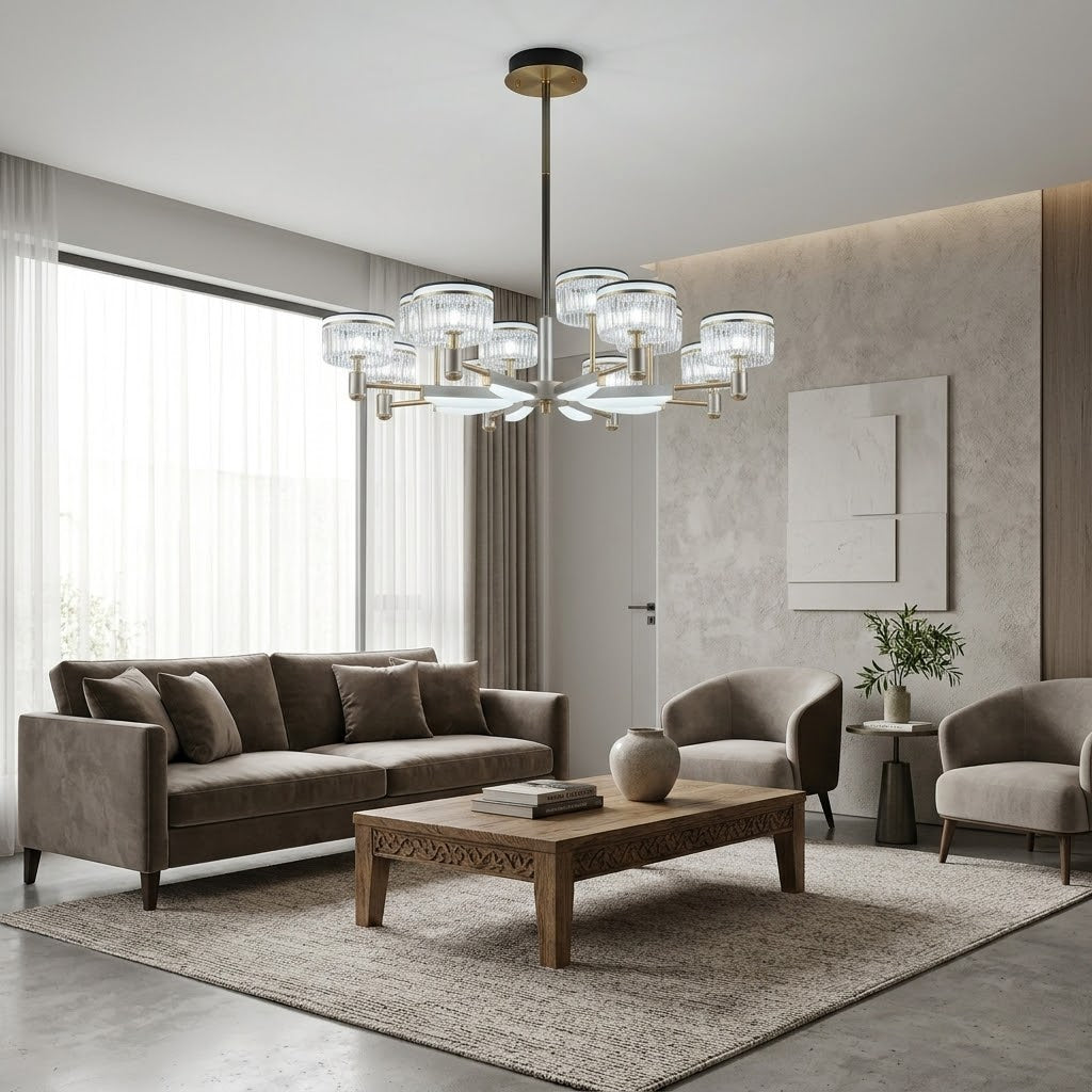 8-arm crystal pendant chandelier installed above a living room seating area.