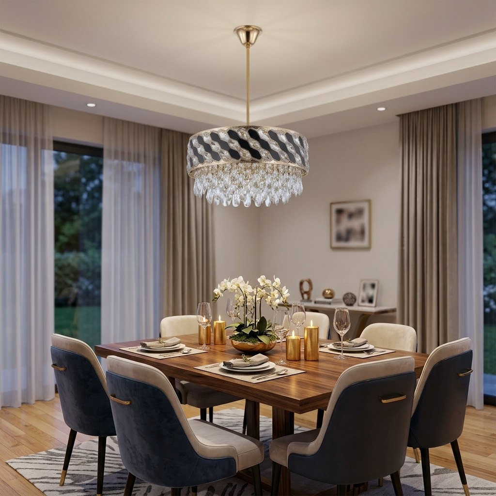 Gold and black crystal mosaic chandelier installed above a dining table.