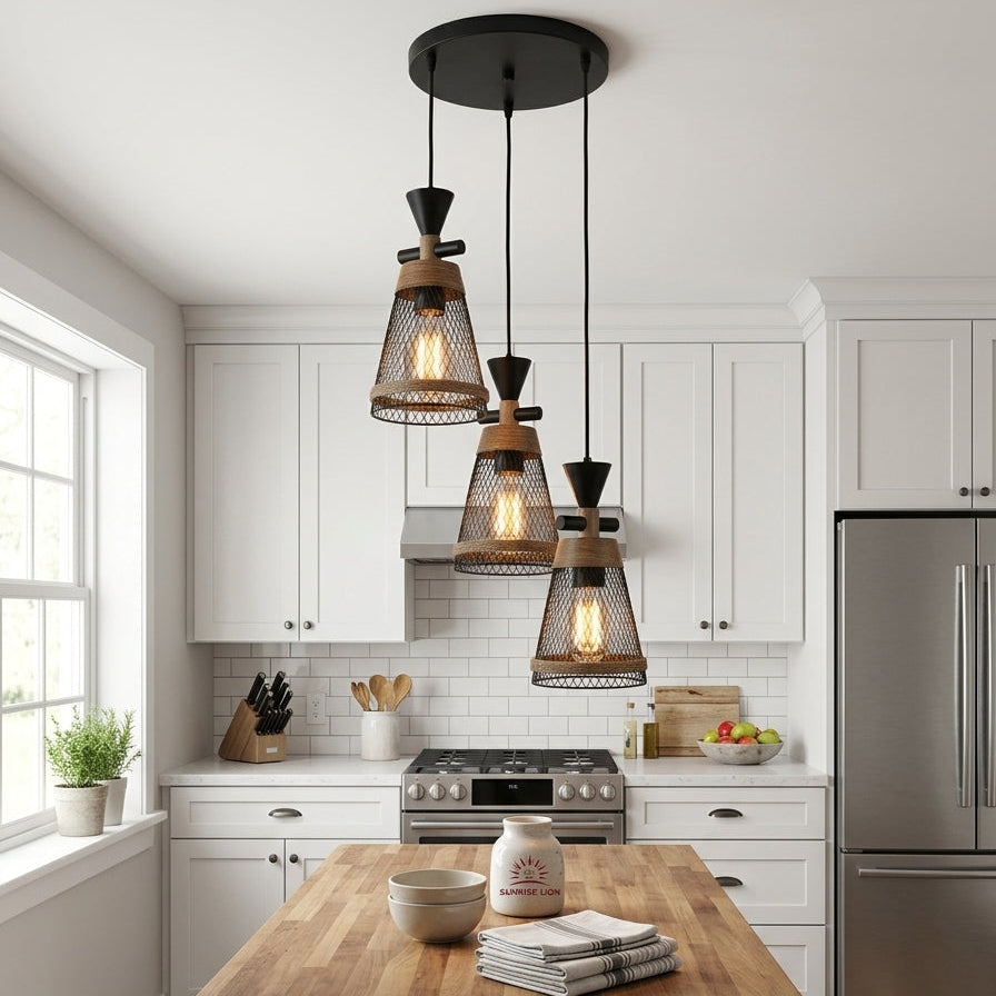 Industrial Mesh Cone Triple Pendant Light, Black