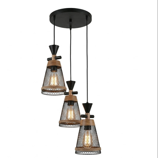 A three-light linear pendant ceiling fixture labeled 'SUNRISE LION' on a white background. The fixture features a black circular canopy, black cords, and three hanging mesh cone shades with natural wood bands and black metal accents, showing warm glowing light bulbs inside.