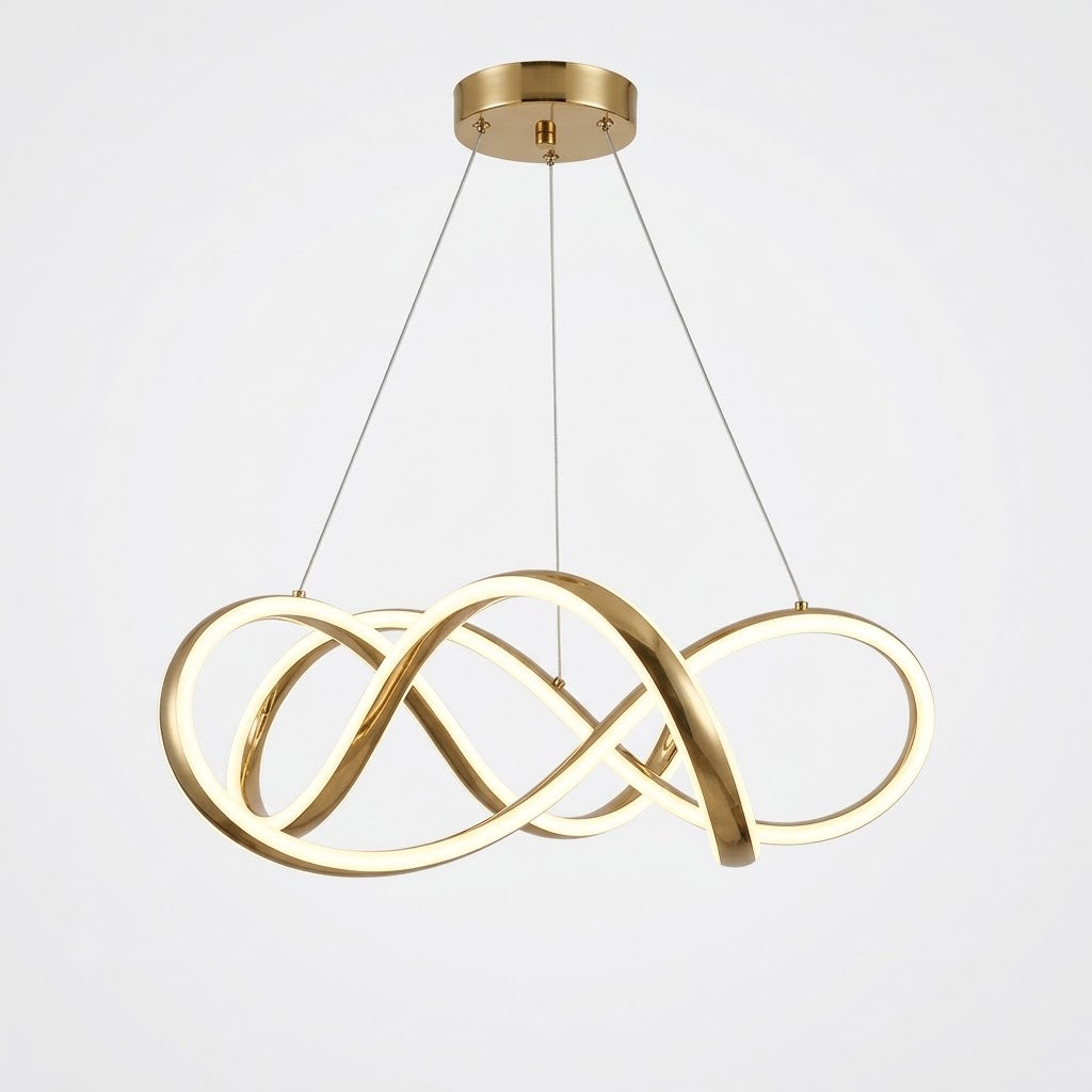 Gold LED infinity-loop pendant light, shown on a white background.