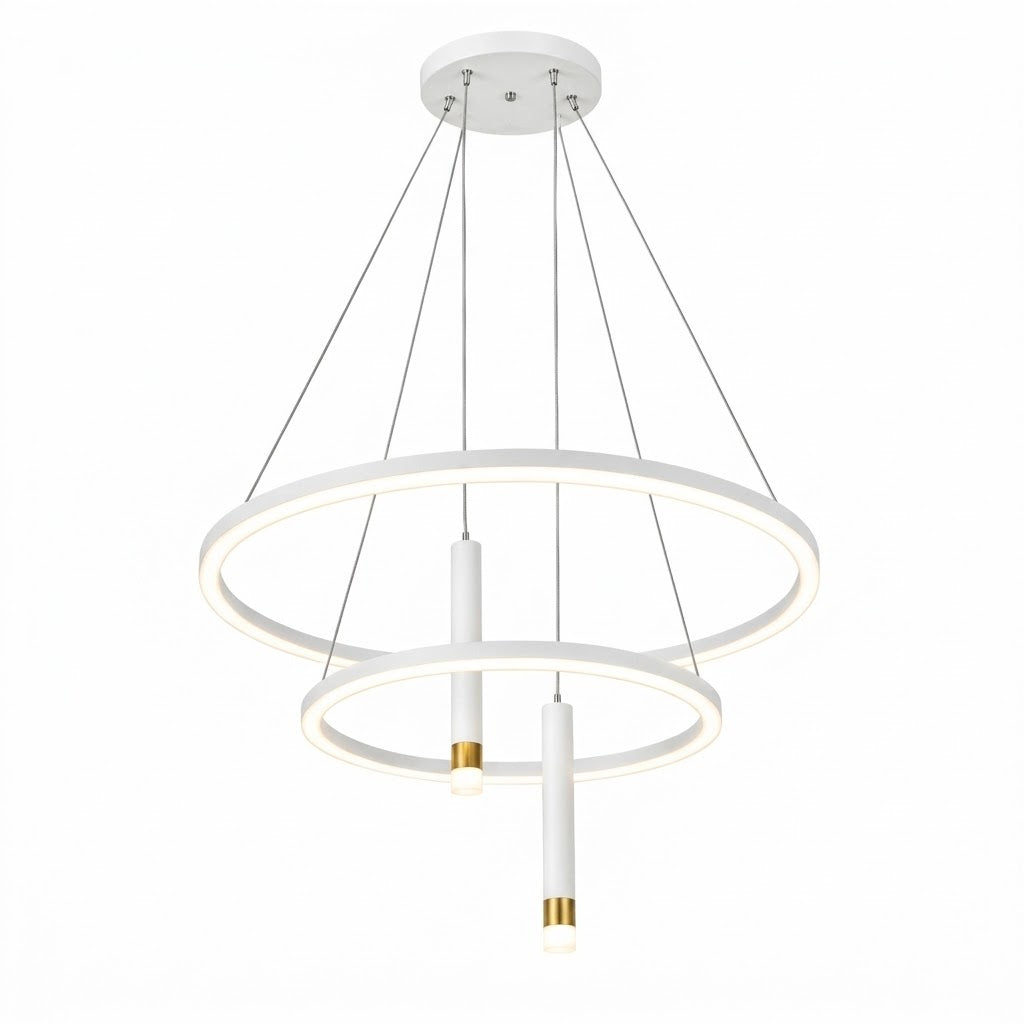 White LED tiered ring pendant light with cylindrical drop lights, shown on a white background.