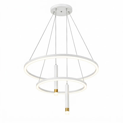White LED tiered ring pendant light with cylindrical drop lights, shown on a white background.