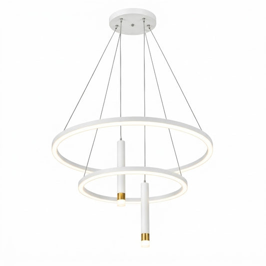 White LED tiered ring pendant light with cylindrical drop lights, shown on a white background.
