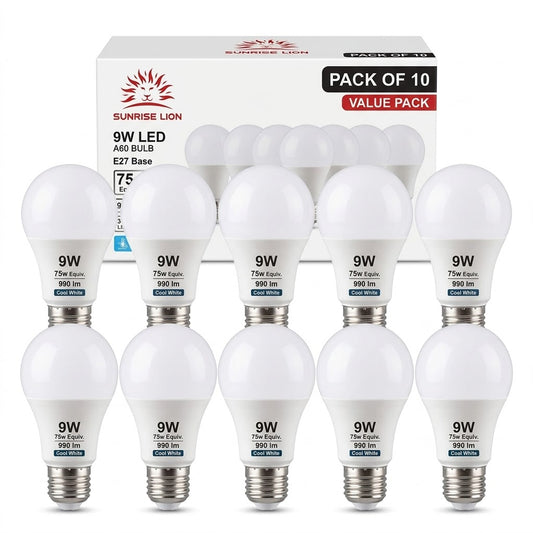 A pack of ten Sunrise Lion 9W LED A60 light bulbs arranged in front of their white retail box on a clean white background.