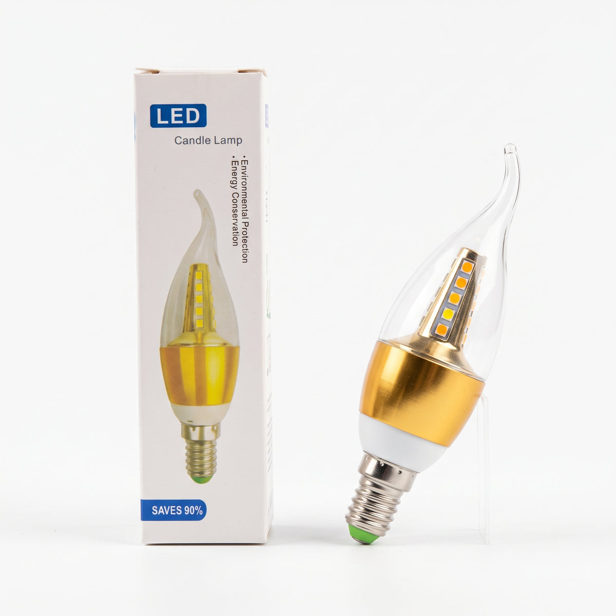 An LED candle lamp with a clear glass flame-tip shape, a golden aluminium base and a column of bright LED chips for 360° all-round shine....