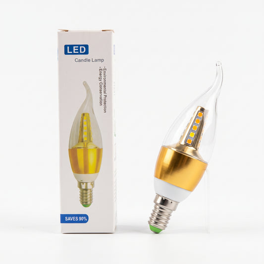 An LED candle lamp with a clear glass flame-tip shape, a golden aluminium base and a column of bright LED chips for 360° all-round shine....