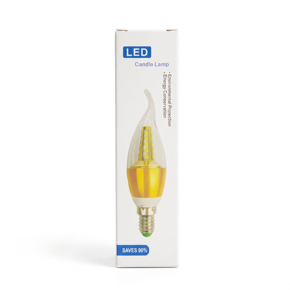 An LED candle lamp with a clear glass flame-tip shape, a golden aluminium base and a column of bright LED chips for 360° all-round shine. ..