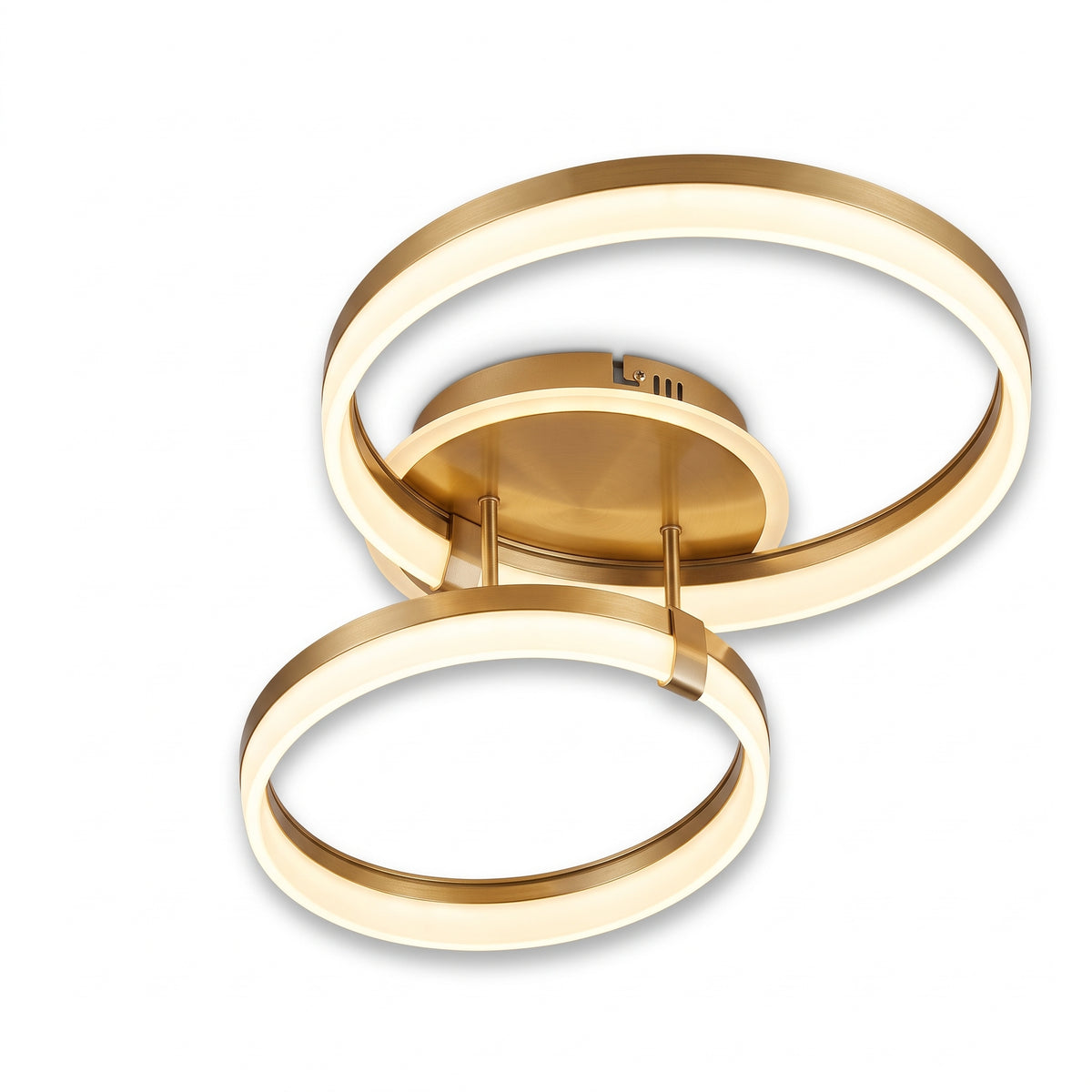 A modern LED ceiling light featuring two interlocking loops in brushed gold