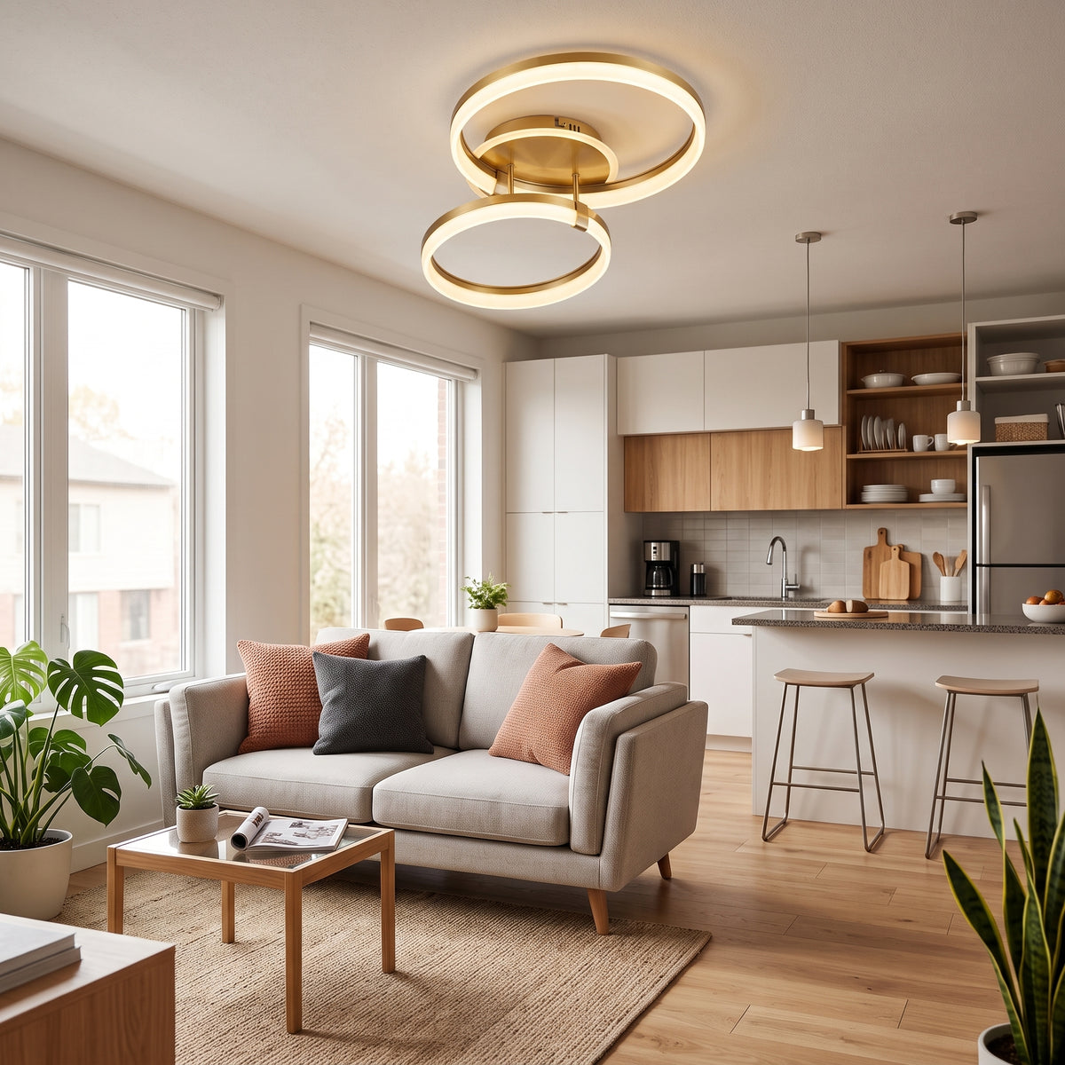 A modern LED ceiling light featuring two interlocking loops in brushed gold.