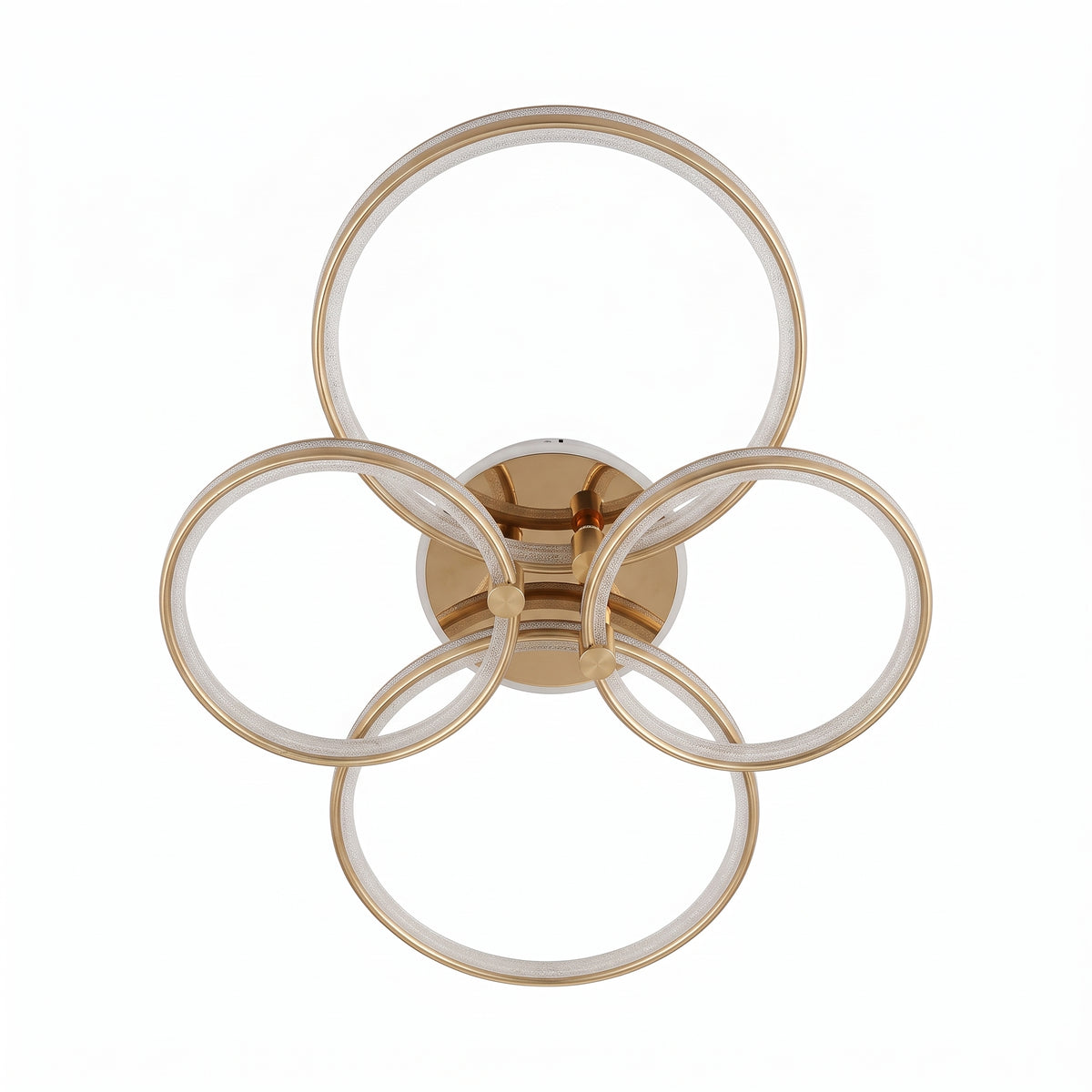 A modern LED ceiling light featuring four interlocking loops in brushed gold with 4 loops