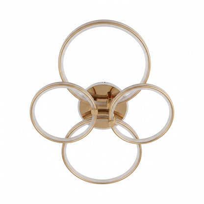 A modern LED ceiling light featuring four interlocking loops in brushed gold with 4 loops