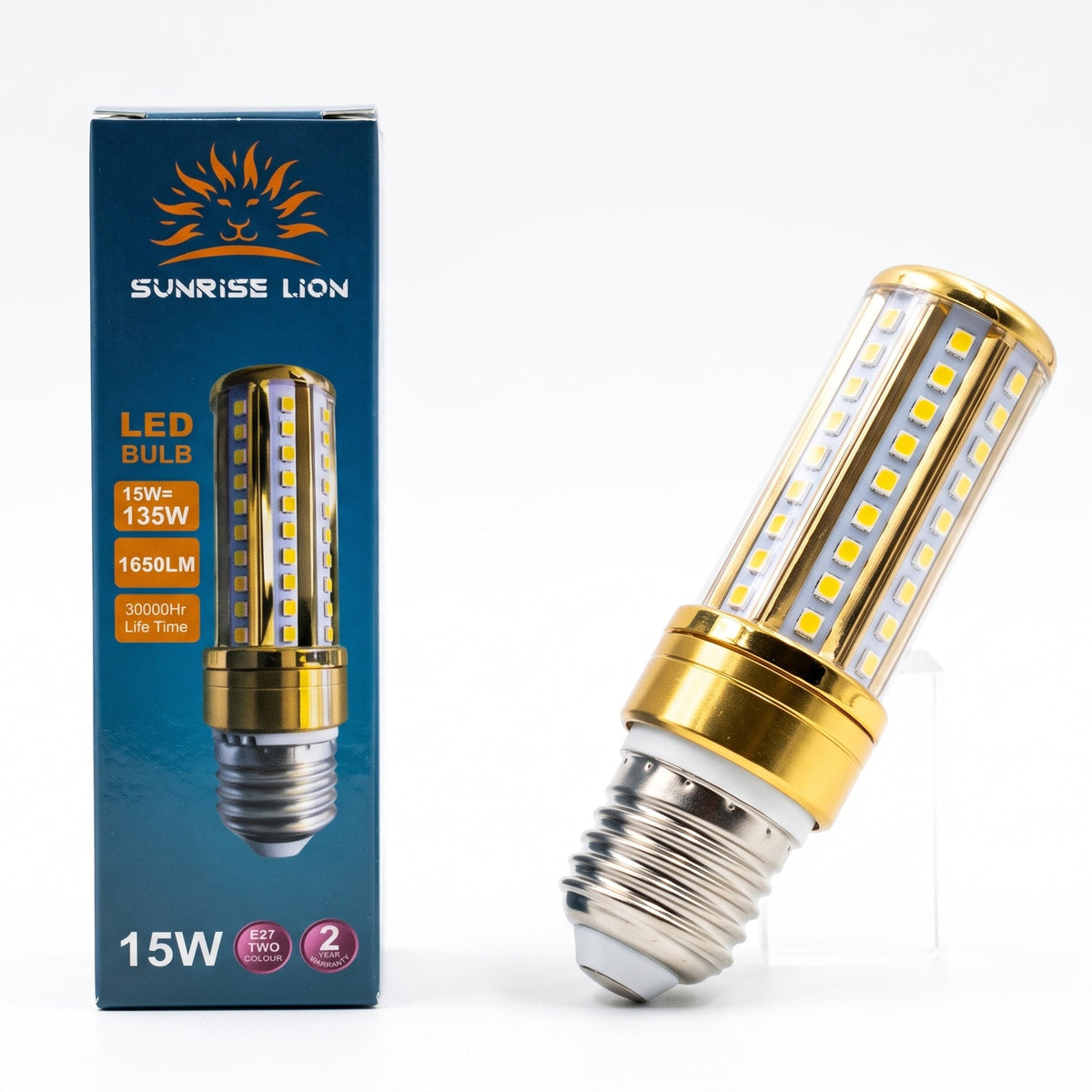 A 15W LED corn lamp with rows of bright LED chips, a gold-coloured collar and a slim cylindrical body. 